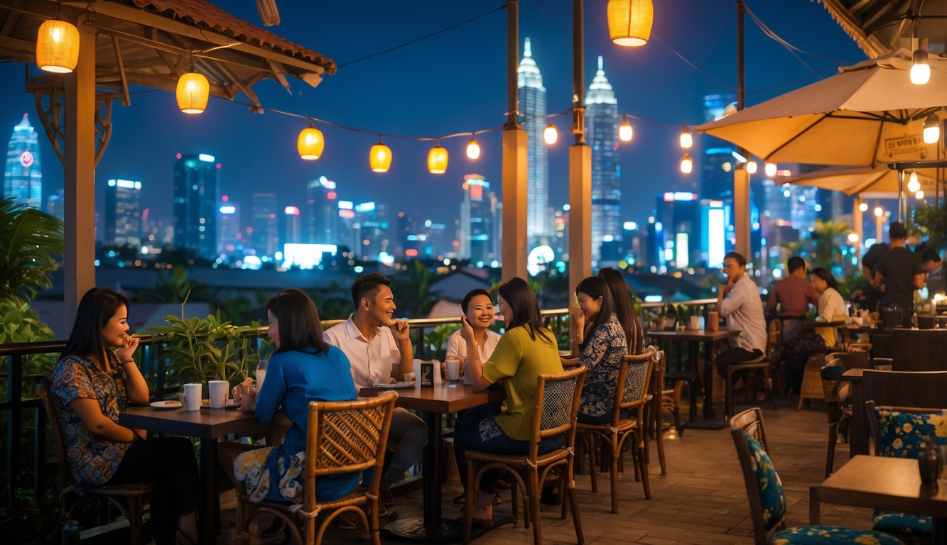 Suasana kafe malam yang ramai dengan orang-orang menikmati minuman di luar ruangan di kota besar Indonesia, dengan lampu-lampu hangat dan latar belakang gedung-gedung tinggi.