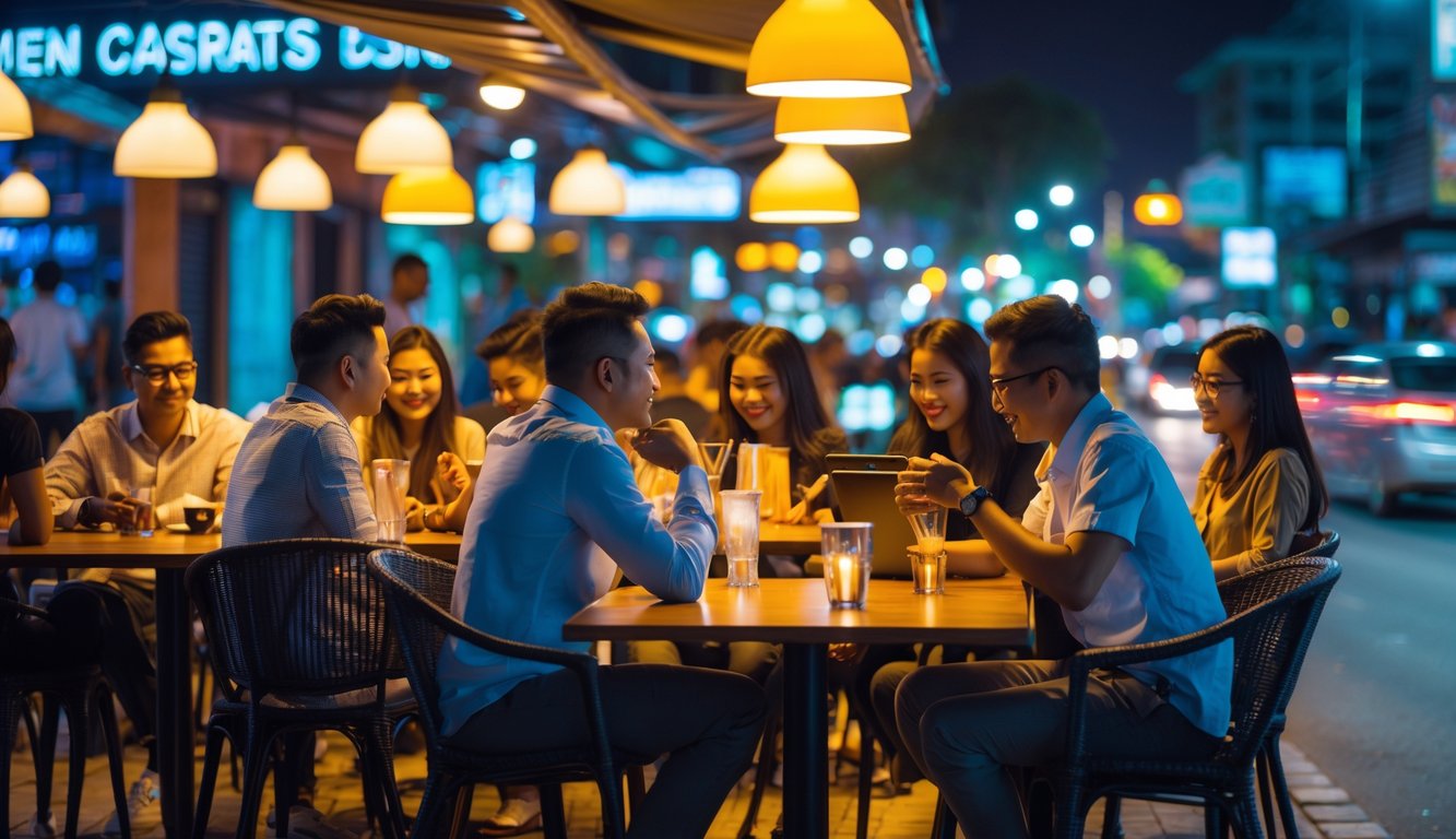 Suasana kafe malam yang ramai dengan orang-orang duduk di luar menikmati minuman dan berbincang di kota besar Indonesia.