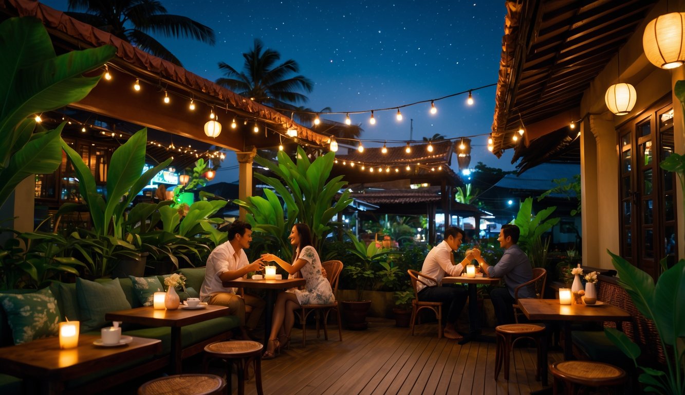 Suasana malam di sebuah kafe romantis di Indonesia dengan pasangan dan teman duduk di luar ruangan, dikelilingi tanaman tropis dan lampu-lampu kecil yang hangat.
