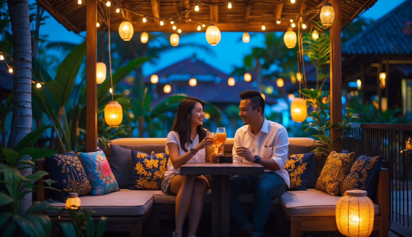 Dua orang duduk di meja kecil di kafe malam yang hangat dengan lampu gantung dan tanaman tropis di latar belakang.