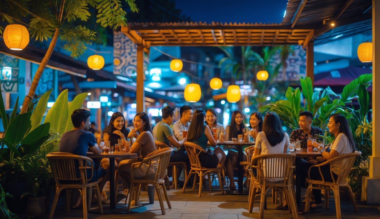 Suasana malam di sebuah kafe outdoor dengan lampu hangat, tanaman tropis, dan orang-orang muda sedang bersantai dan berbincang.