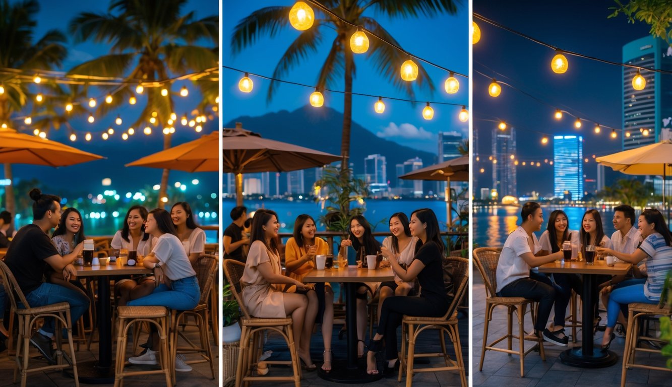 Orang-orang nongkrong di kafe malam yang ramai dengan lampu hangat, dikelilingi oleh suasana khas Bali, Bandung, dan Surabaya.