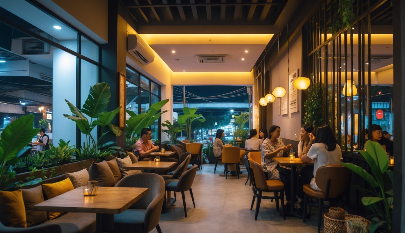 Suasana kafe malam di Indonesia dengan interior modern dan pencahayaan hangat, menampilkan pengunjung yang menikmati minuman di dalam kafe.