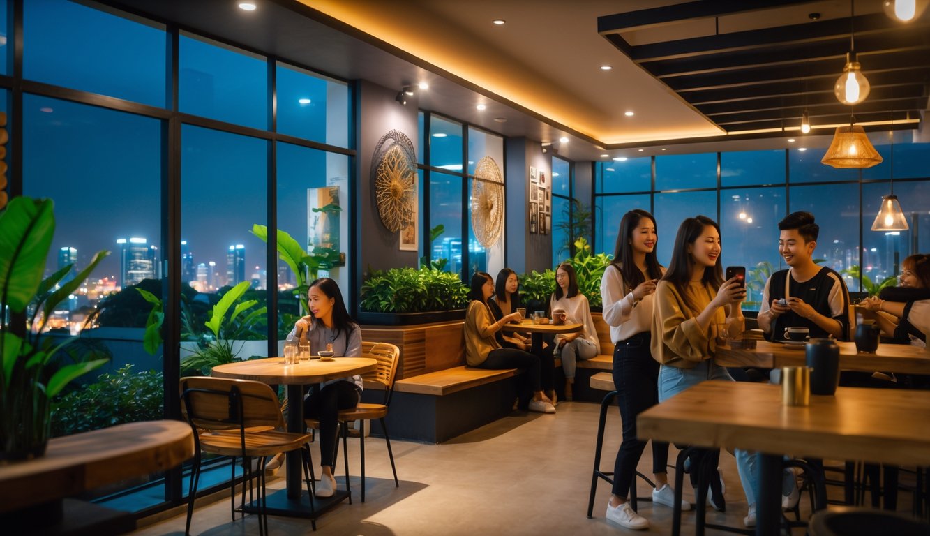 Suasana interior kafe malam yang hangat dengan pencahayaan lembut, kursi nyaman, tanaman hijau, dan beberapa orang muda sedang menikmati minuman dan berbincang.