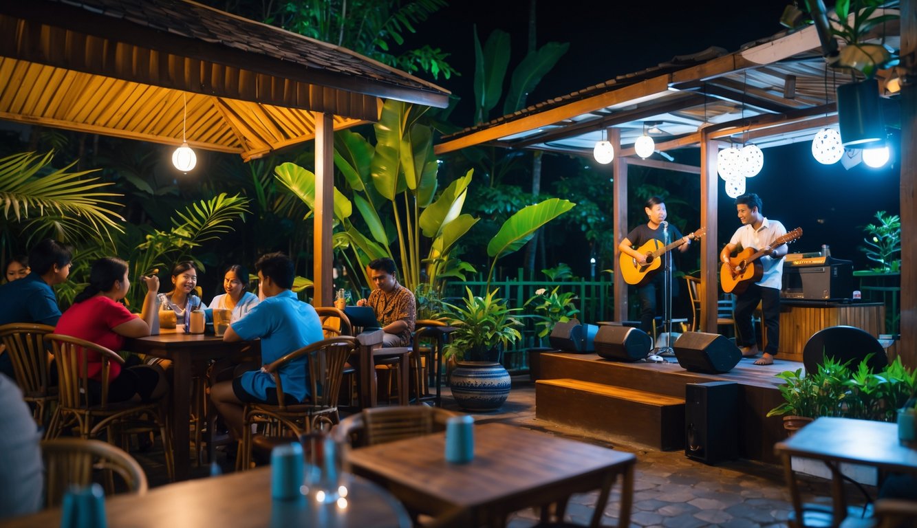 Suasana kafe malam di Indonesia dengan musik live dan orang-orang menikmati minuman di area duduk luar ruangan yang nyaman.