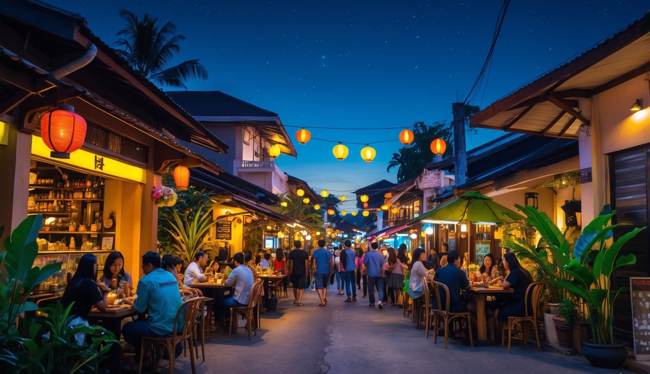 Suasana malam yang ramai di jalan Indonesia dengan kafe-kafe yang nyaman dan orang-orang menikmati makanan serta minuman di luar ruangan.