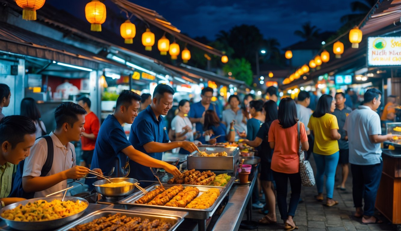 Pasar malam yang ramai dengan orang-orang menikmati berbagai makanan khas Indonesia di bawah lampu warna-warni.