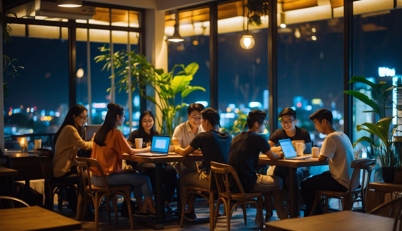 Orang-orang muda sedang bekerja dan belajar di sebuah kafe malam yang nyaman dengan lampu hangat dan dekorasi modern.