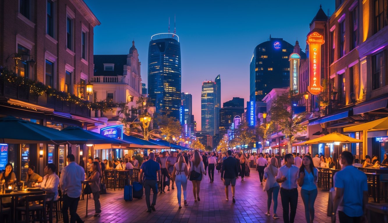 Pemandangan kota malam yang ramai dengan orang-orang menikmati hiburan di luar ruangan di jalan yang diterangi lampu warna-warni.