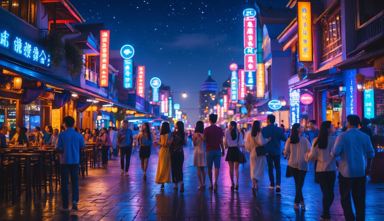 Pemandangan malam kota yang ramai dengan orang-orang menikmati hiburan malam di jalan yang diterangi lampu warna-warni.