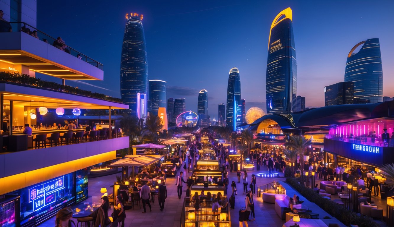 Pemandangan malam kota besar yang ramai dengan berbagai tempat hiburan seperti bar atap, klub malam, dan restoran luar ruangan dengan lampu warna-warni dan orang-orang yang menikmati suasana.