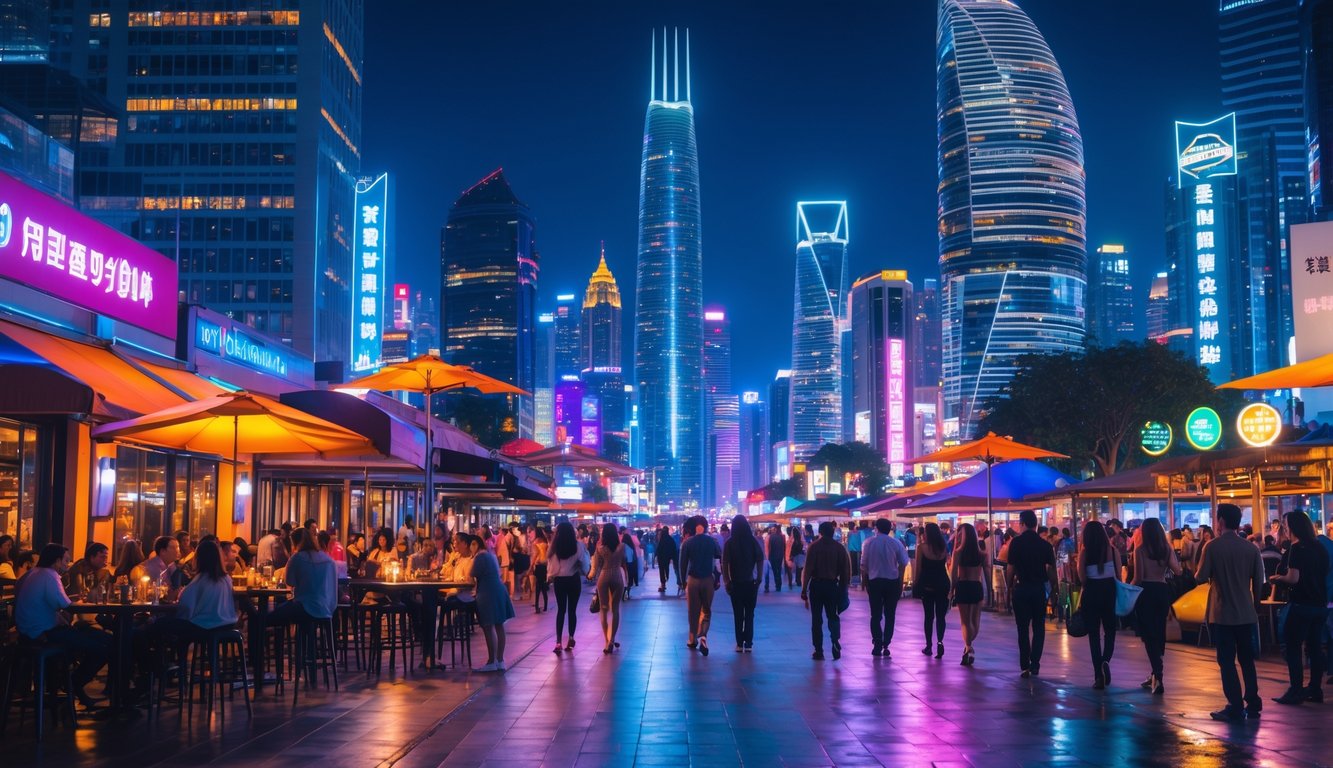 Pemandangan malam kota besar yang ramai dengan gedung pencakar langit dan orang-orang menikmati hiburan malam di jalan yang terang benderang.