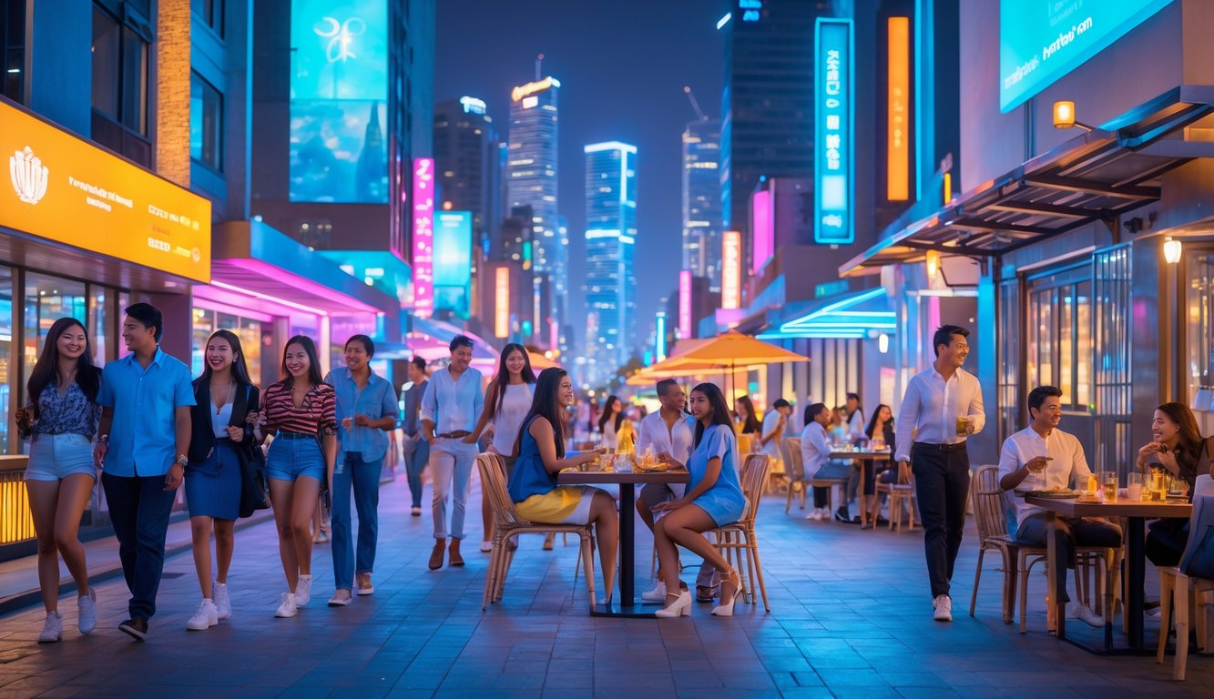 Pemandangan malam di kawasan hiburan dengan orang-orang menikmati aktivitas dan makan di restoran luar ruangan yang ramai.