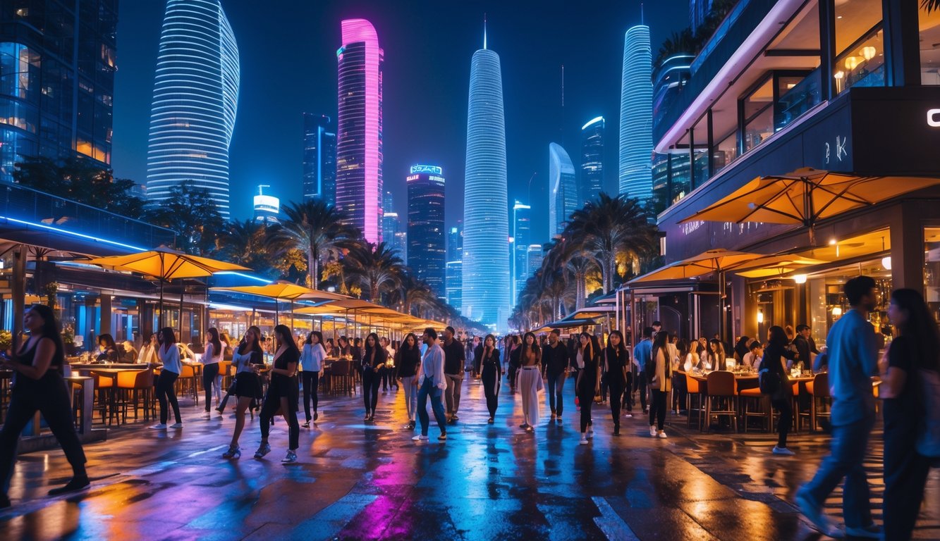 Pemandangan kota malam yang ramai dengan orang-orang menikmati aktivitas hiburan dan makan di restoran outdoor yang terang dan penuh warna.