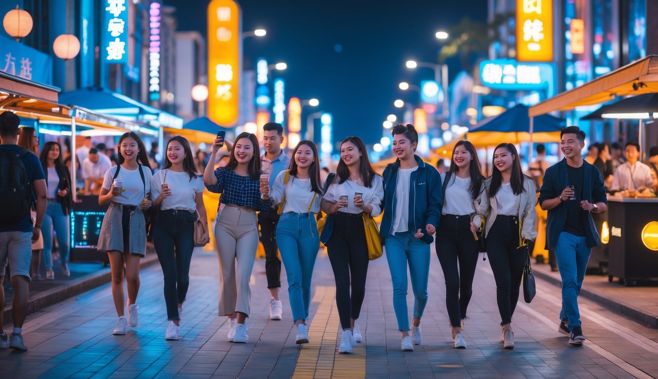 Sekelompok orang muda menikmati suasana malam yang ramai dan aman di kota dengan lampu neon dan tempat hiburan.