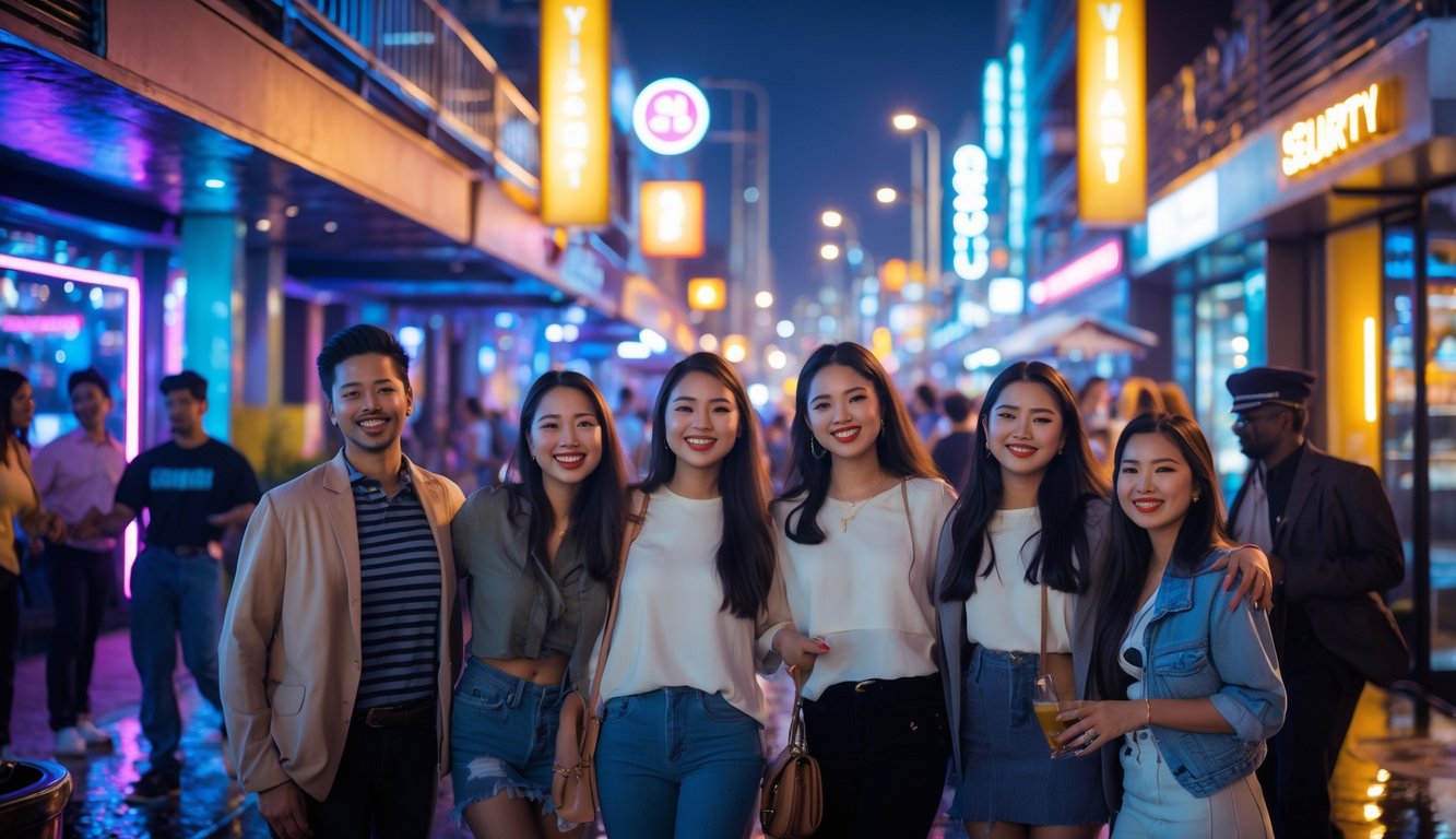 Sekelompok orang menikmati malam di kawasan hiburan yang terang dan aman dengan bar dan klub modern di latar belakang.