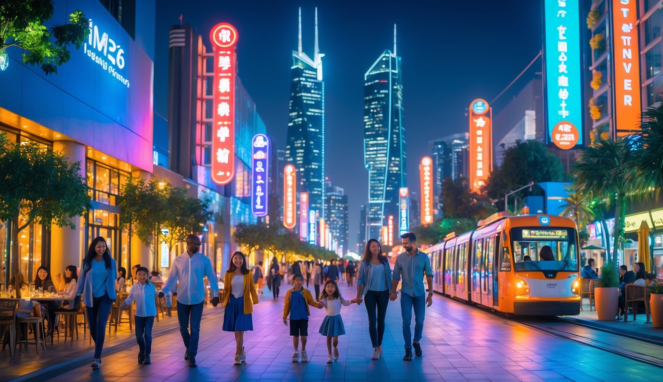 Keluarga dan pasangan menikmati hiburan malam di kota metropolitan yang ramai dengan gedung pencakar langit dan lampu warna-warni.