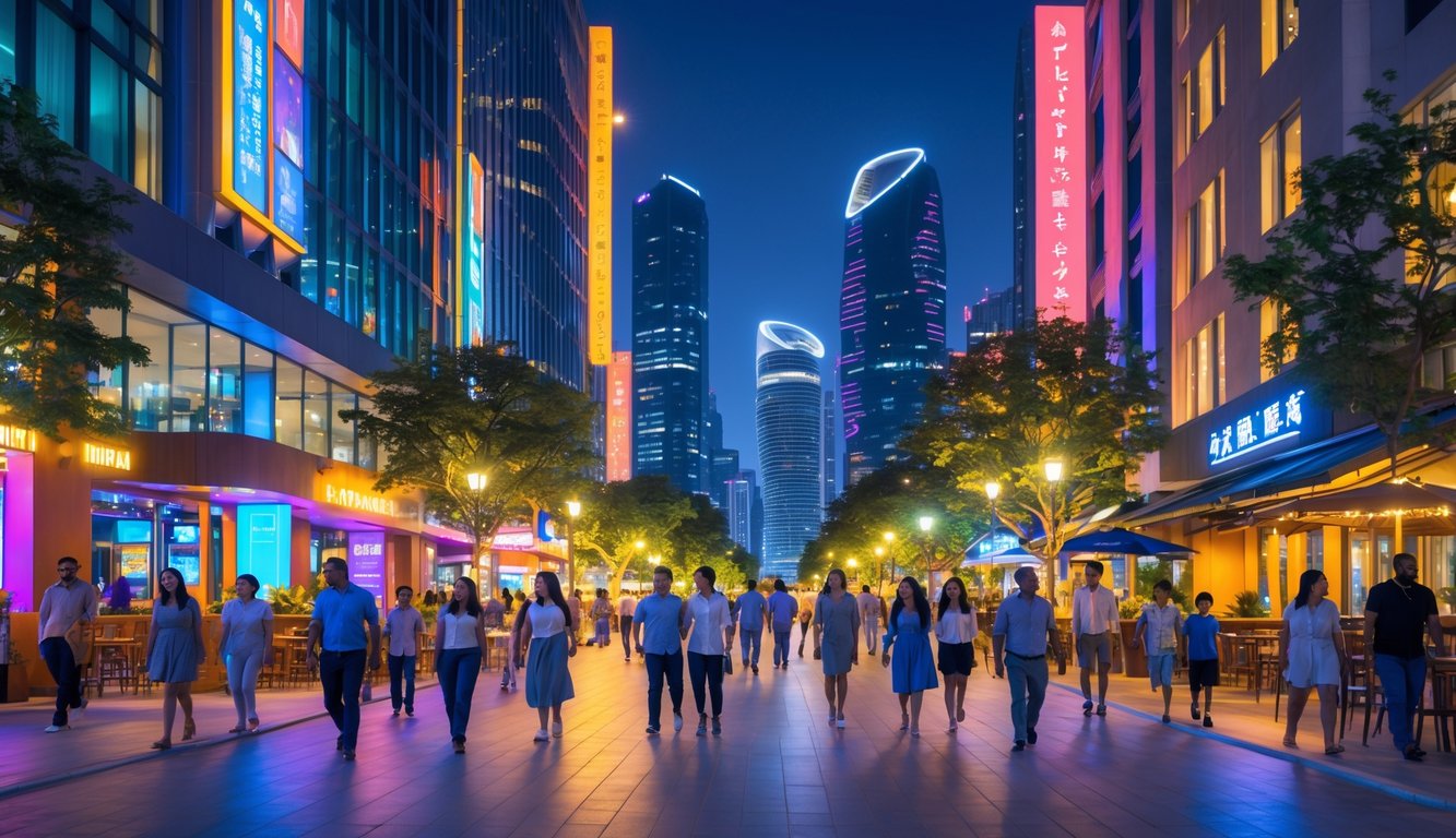 Suasana malam di kota metropolitan dengan keluarga dan pasangan menikmati hiburan di jalan yang ramai dan terang.