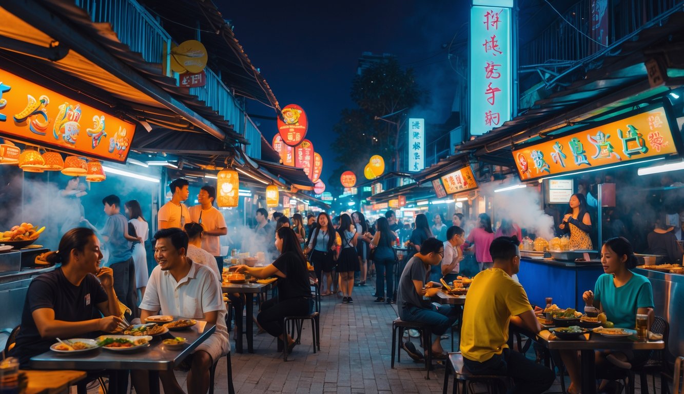 Suasana malam hari yang ramai dengan orang-orang menikmati makanan dan hiburan di jalanan kota yang dipenuhi lampu warna-warni dan kios makanan.
