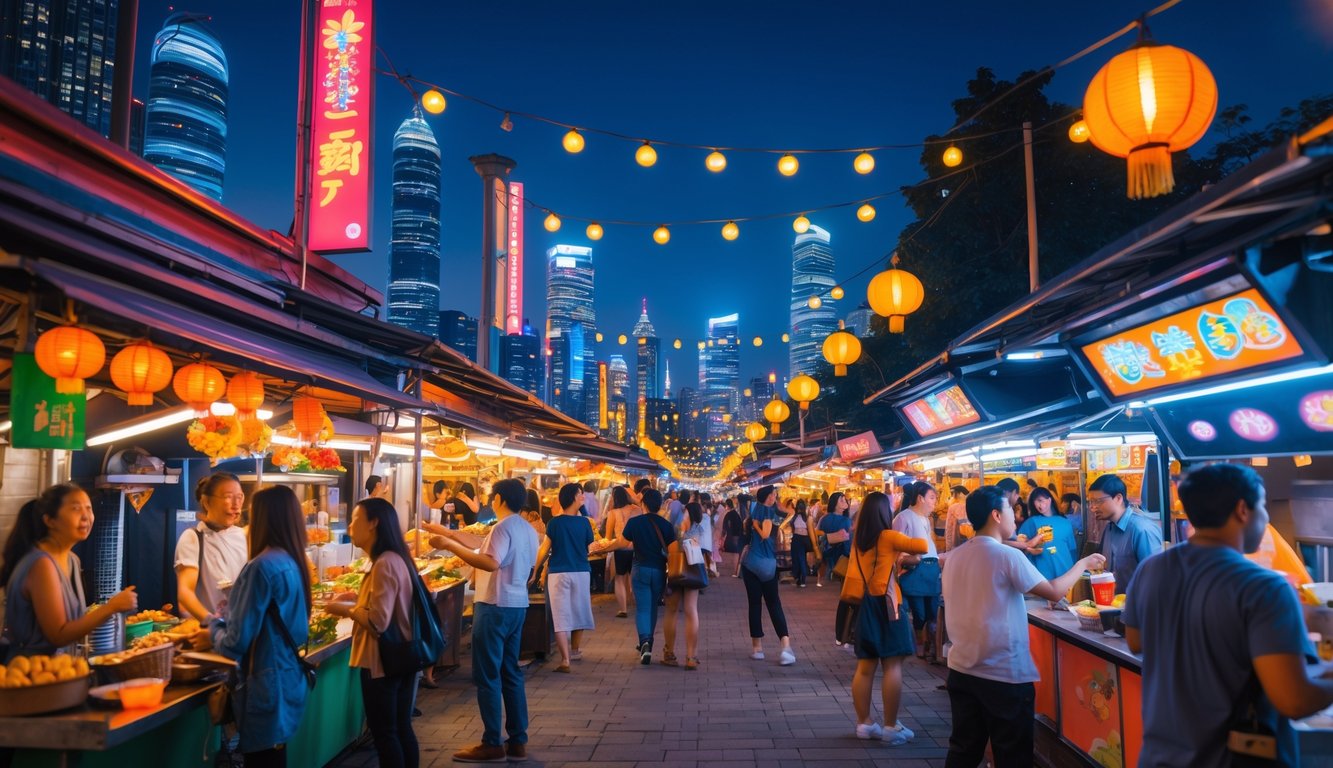 Suasana pasar malam yang ramai dengan orang-orang menikmati makanan dan hiburan di jalan kota yang terang benderang.