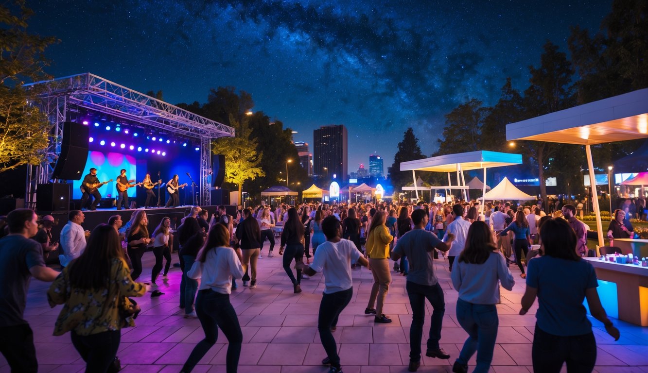 Kerumunan orang menikmati acara musik dan hiburan malam di luar ruangan dengan lampu warna-warni dan suasana meriah.