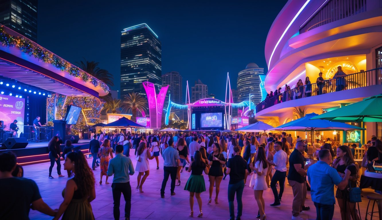 Suasana malam hari di sebuah acara hiburan dengan panggung musik live, kerumunan orang yang menikmati aktivitas seru di luar ruangan, lampu neon berwarna-warni, dan area kafe serta bar yang ramai.
