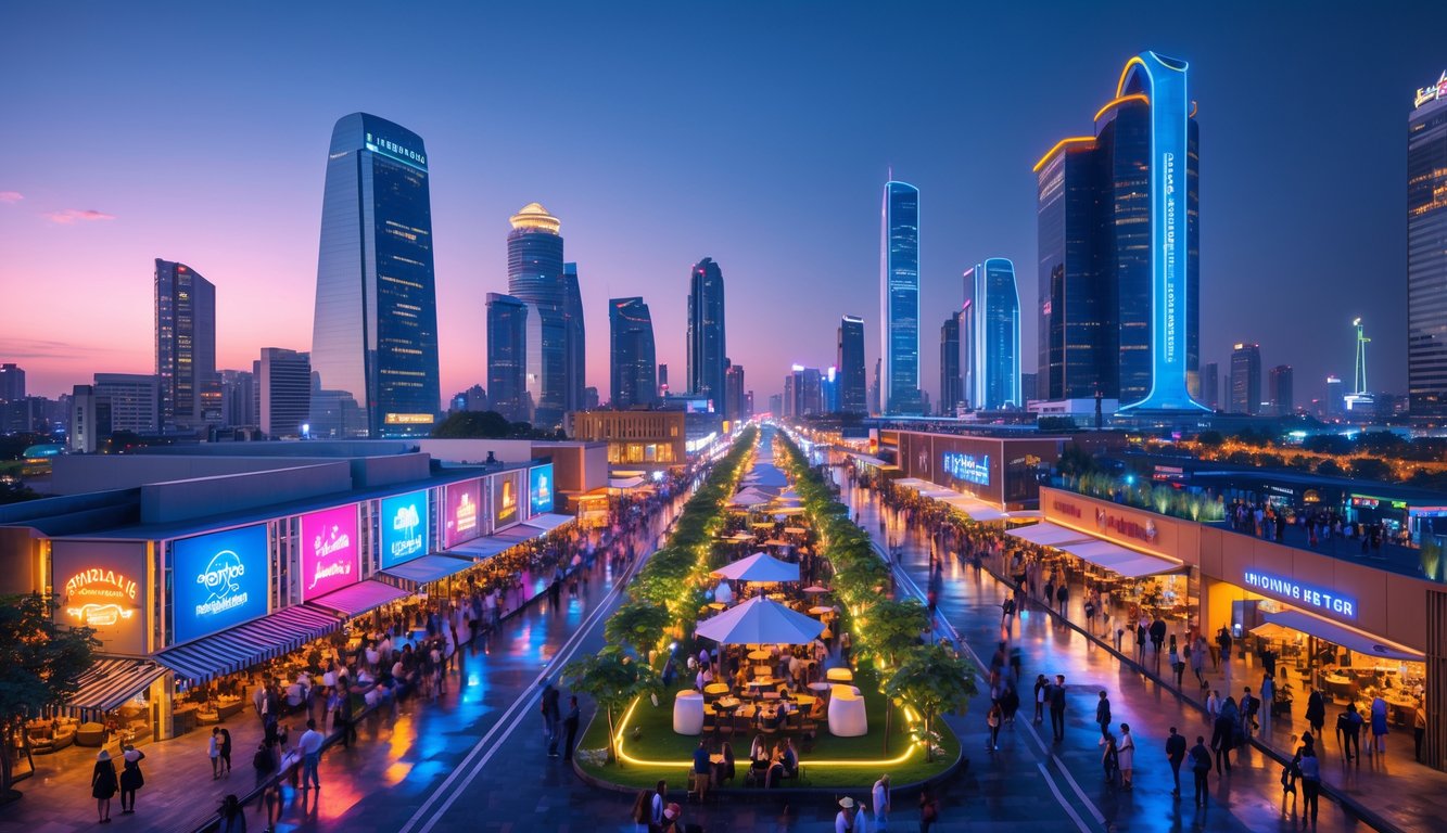 Pemandangan kota malam yang menampilkan sepuluh tempat hiburan dengan lampu warna-warni dan orang-orang yang menikmati aktivitas malam.