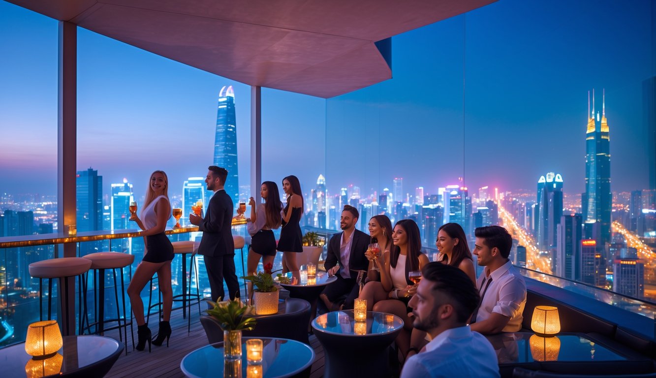 Pemandangan malam kota yang terang dengan orang-orang menikmati hiburan di atap bangunan tinggi.