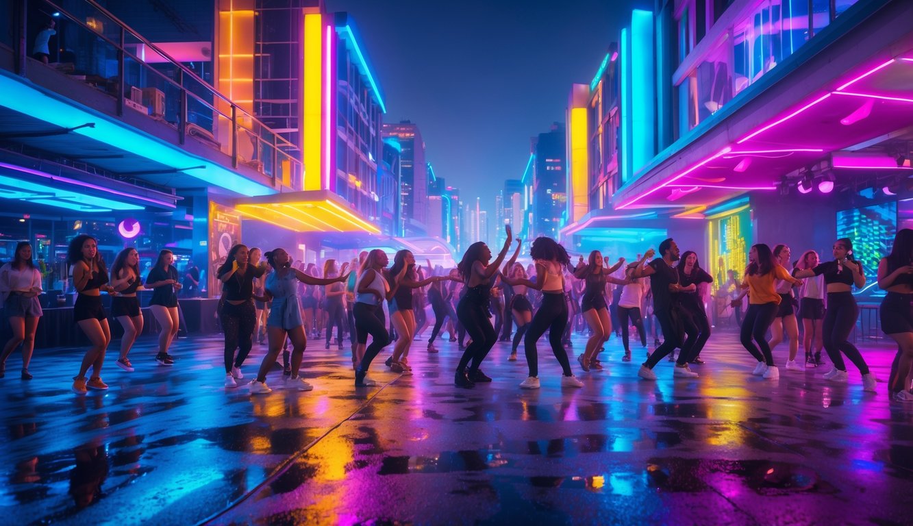 Orang-orang menikmati musik dan menari di kawasan hiburan malam yang ramai dengan lampu warna-warni dan panggung musik.
