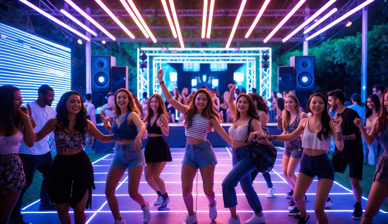 Sekelompok orang muda menari dan menikmati acara musik malam di luar ruangan dengan lampu warna-warni dan DJ bermain musik.