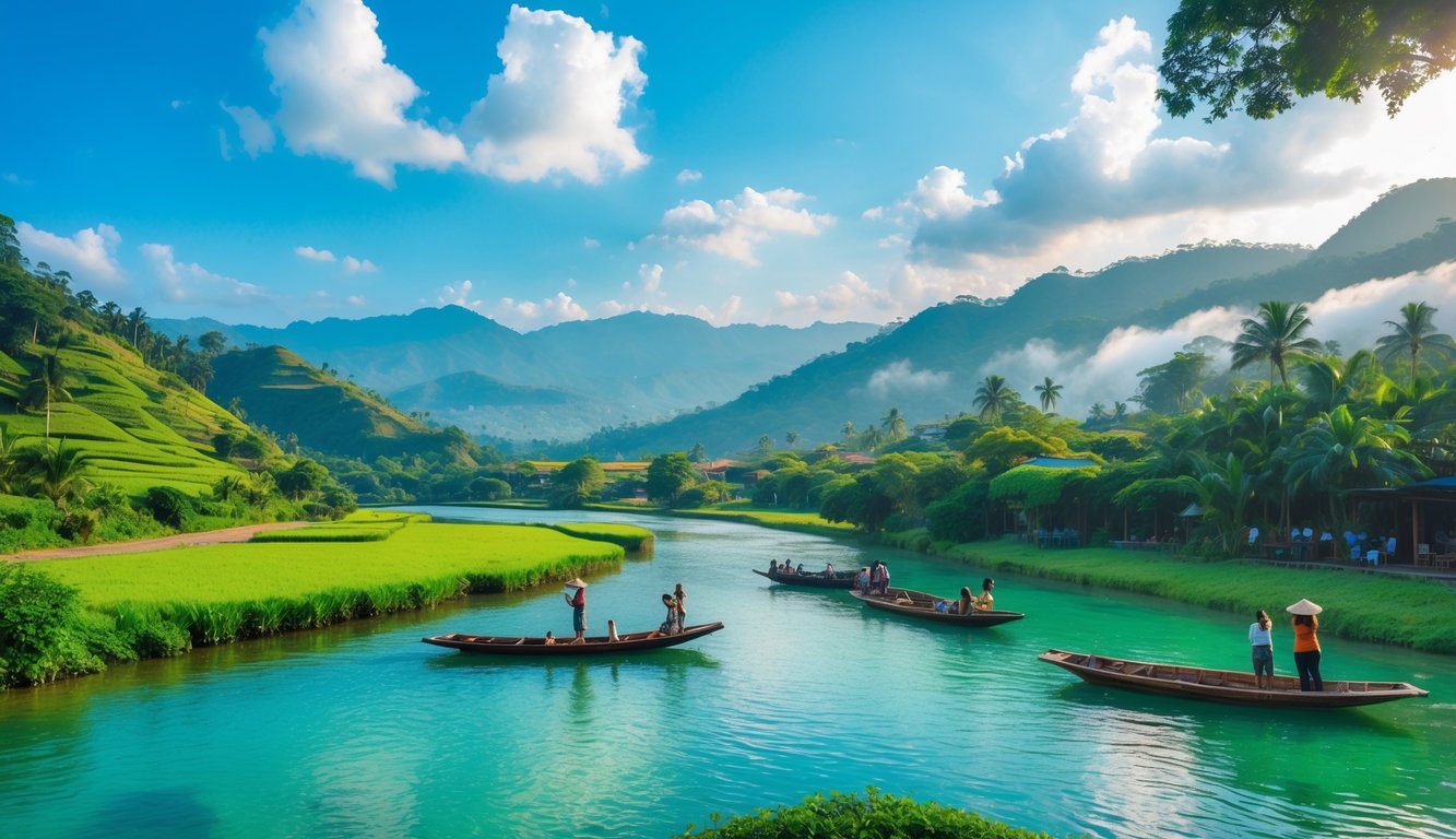 Pemandangan alam wisata Mala dengan sungai jernih, perahu kayu, hutan tropis, dan pegunungan di latar belakang.