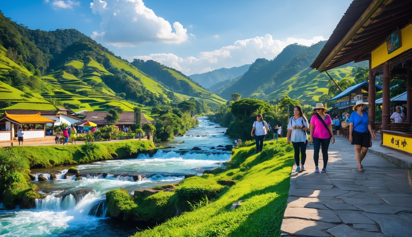 Pemandangan alam Wisata Mala dengan bukit hijau, sungai jernih, dan pengunjung yang menikmati kegiatan luar ruangan.