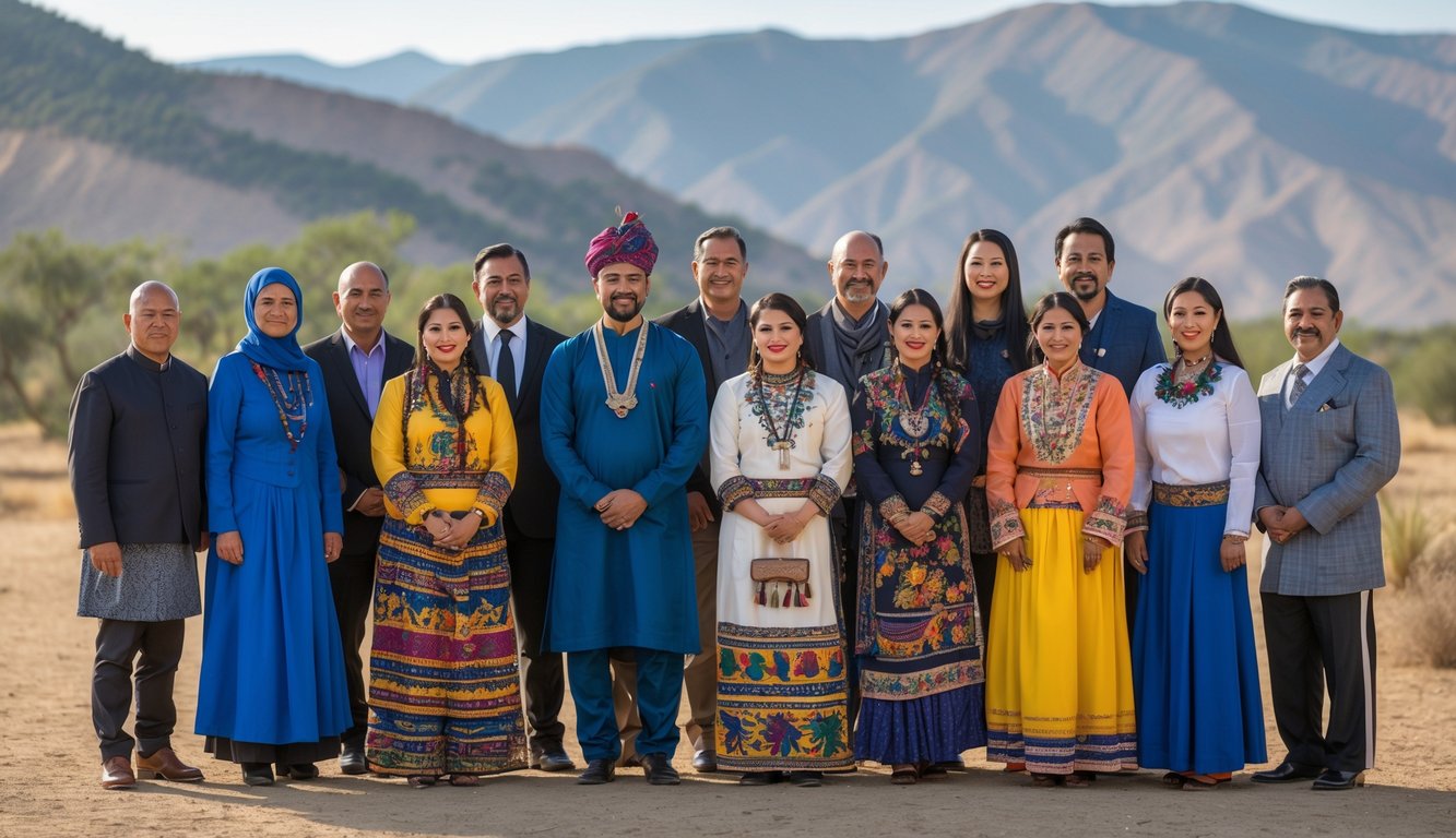 Sepuluh orang dari berbagai latar belakang etnis berdiri bersama di luar ruangan dengan latar alam yang berbeda.