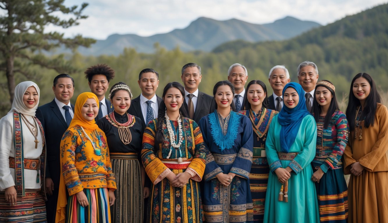 Sekelompok orang dari berbagai suku dan budaya mengenakan pakaian tradisional berdiri di luar ruangan dengan latar belakang alam yang beragam.
