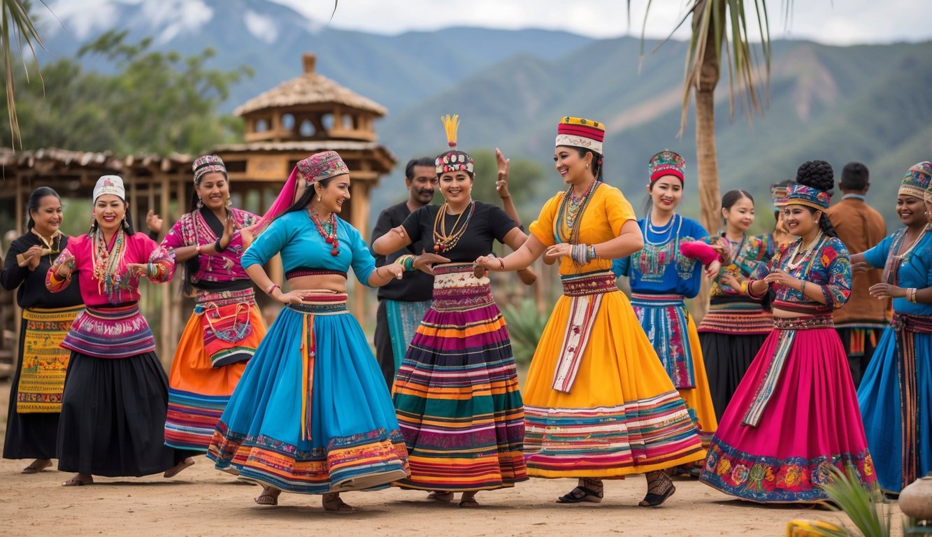 Sekelompok orang dari berbagai suku terbesar di dunia mengenakan pakaian tradisional dan melakukan aktivitas budaya di luar ruangan.