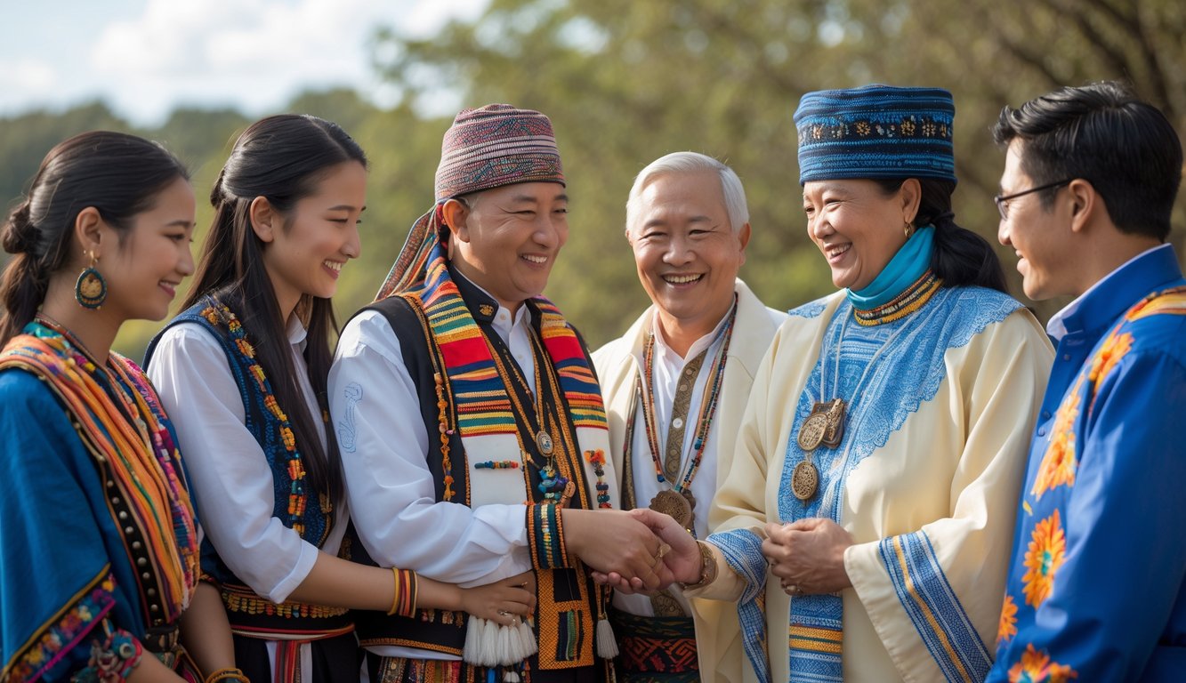Sekelompok orang dari berbagai suku bangsa dunia mengenakan pakaian tradisional mereka sedang berinteraksi dengan latar belakang alam.