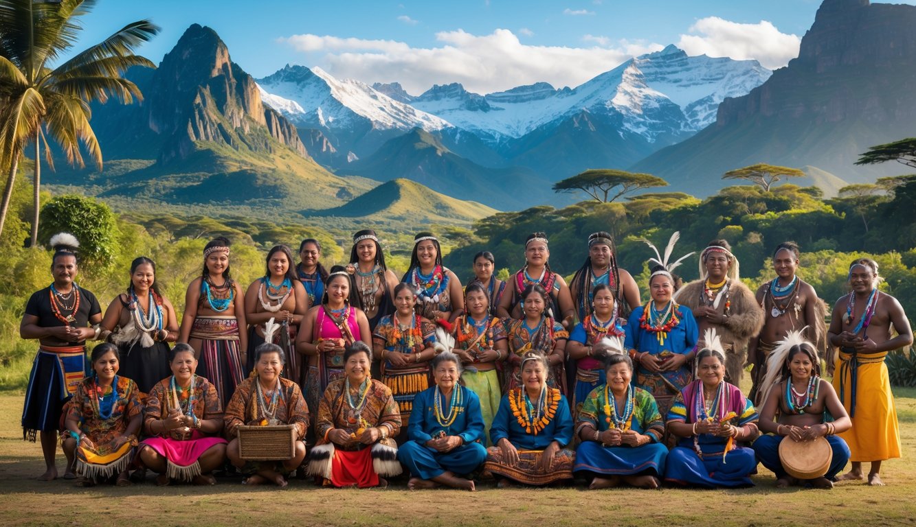 Sekelompok orang dari suku terbesar di dunia mengenakan pakaian tradisional di luar ruangan dengan latar pemandangan alam yang berbeda seperti hutan, savana, gunung, dan gurun.