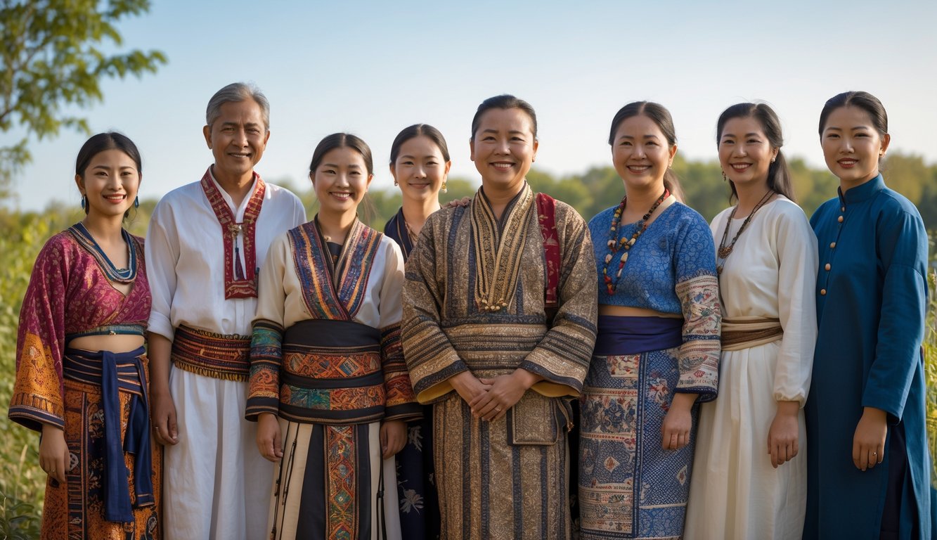 Sekelompok orang dari berbagai suku terbesar di dunia mengenakan pakaian tradisional berdiri bersama di luar ruangan dengan latar belakang alam dan langit cerah.