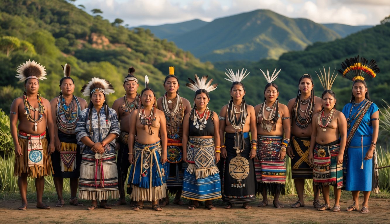 Sepuluh orang dari suku terbesar di dunia mengenakan pakaian tradisional berdiri di luar ruangan dengan latar belakang alam yang hijau.