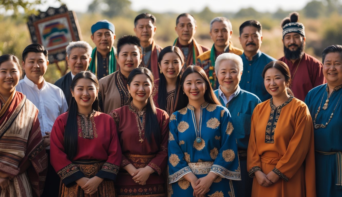 Sekelompok orang dari berbagai suku bangsa dengan pakaian tradisional sedang berkumpul di luar ruangan.