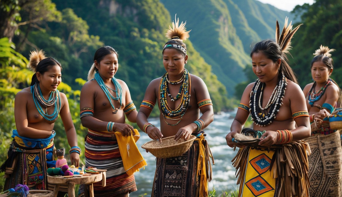 Sekelompok orang dari suku terbesar di dunia mengenakan pakaian tradisional sedang berkumpul dan beraktivitas di lingkungan alam yang asri.