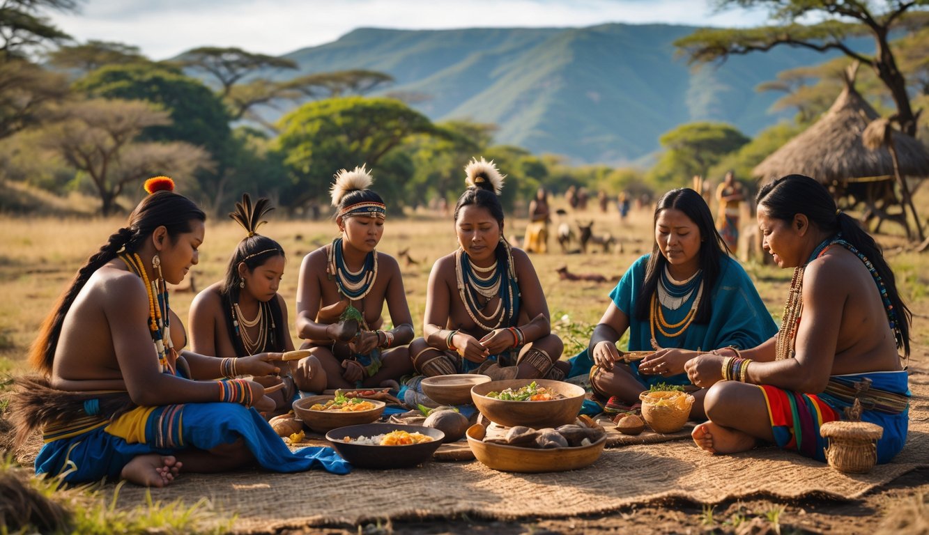 Sekelompok orang dari suku terbesar di dunia sedang melakukan aktivitas tradisional di lingkungan alam yang hijau.