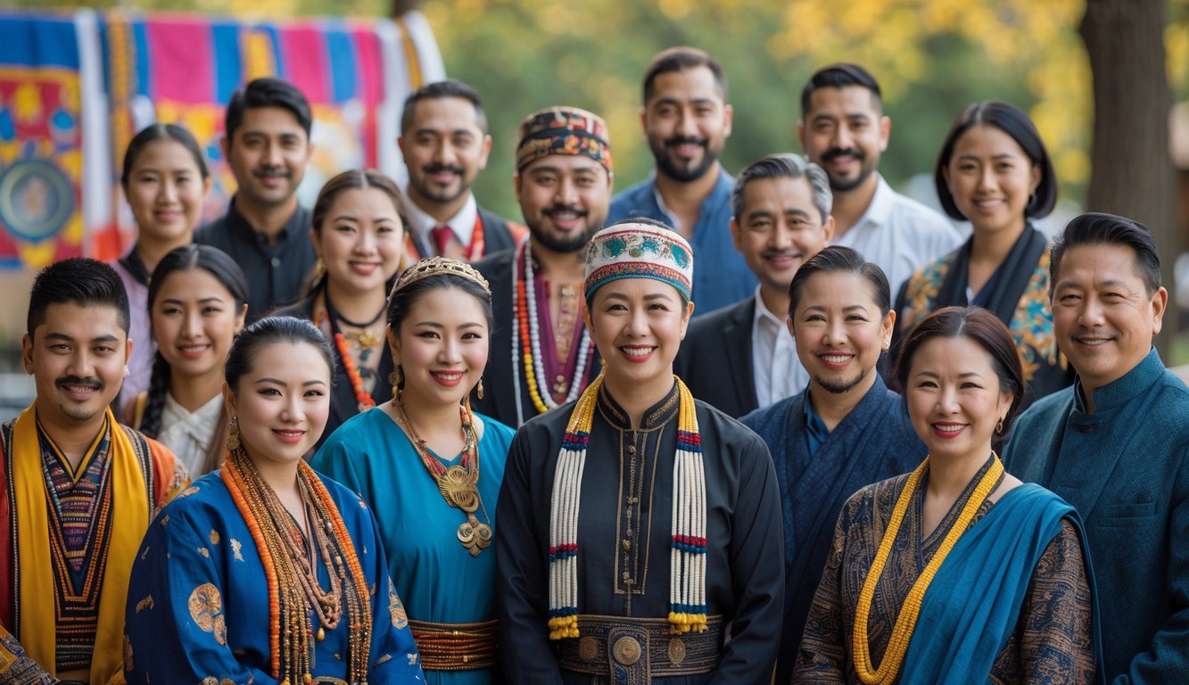 Sekelompok orang beragam suku bangsa berkumpul di luar ruangan dengan pakaian tradisional dan modern, menunjukkan keragaman budaya dunia.