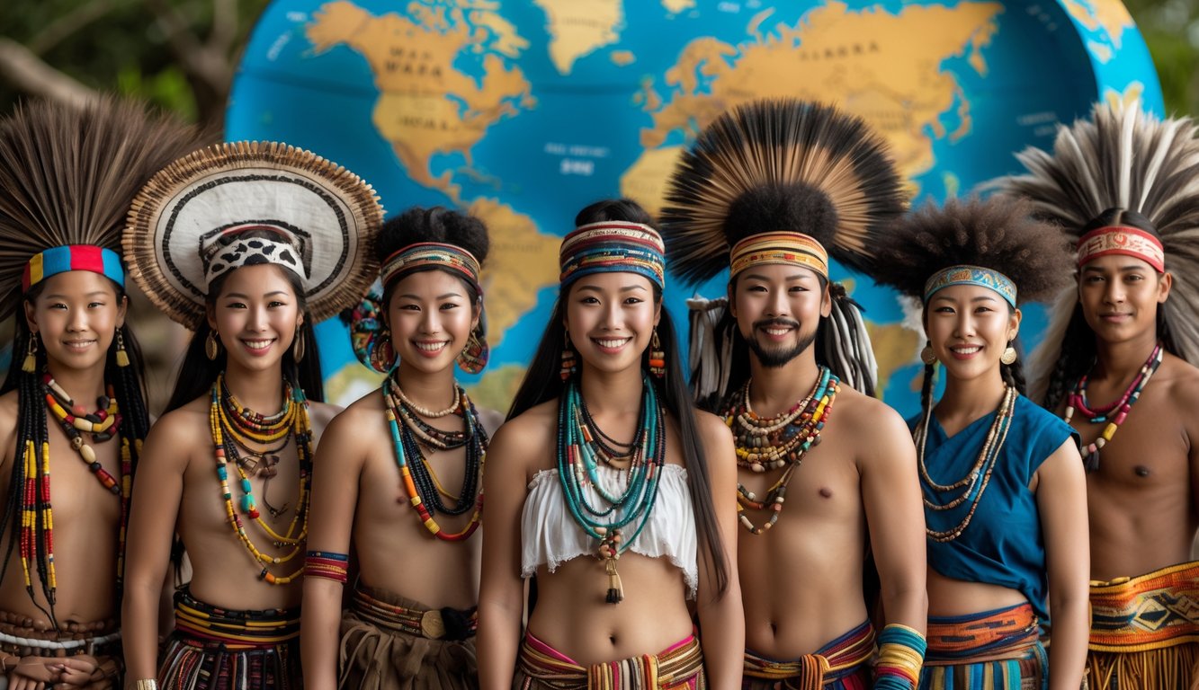 Sekelompok orang dari berbagai suku terbesar di dunia mengenakan pakaian tradisional dan aksesoris budaya, berdiri di lingkungan alam yang menunjukkan warisan global.