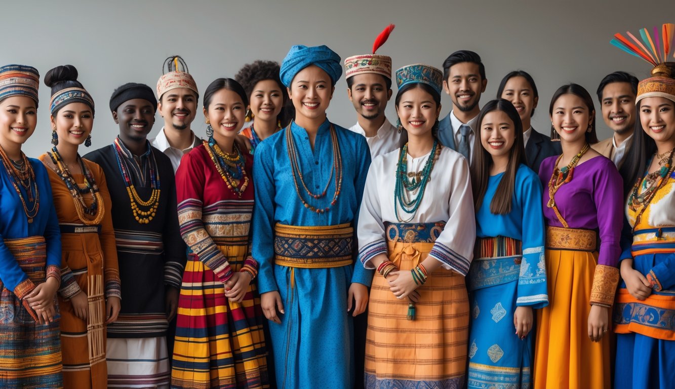Sekelompok orang dari berbagai suku terbesar di dunia mengenakan pakaian tradisional khas mereka berdiri bersama dengan latar belakang netral.