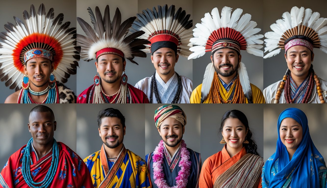 Sekelompok orang dari berbagai suku besar di dunia mengenakan pakaian tradisional khas mereka.