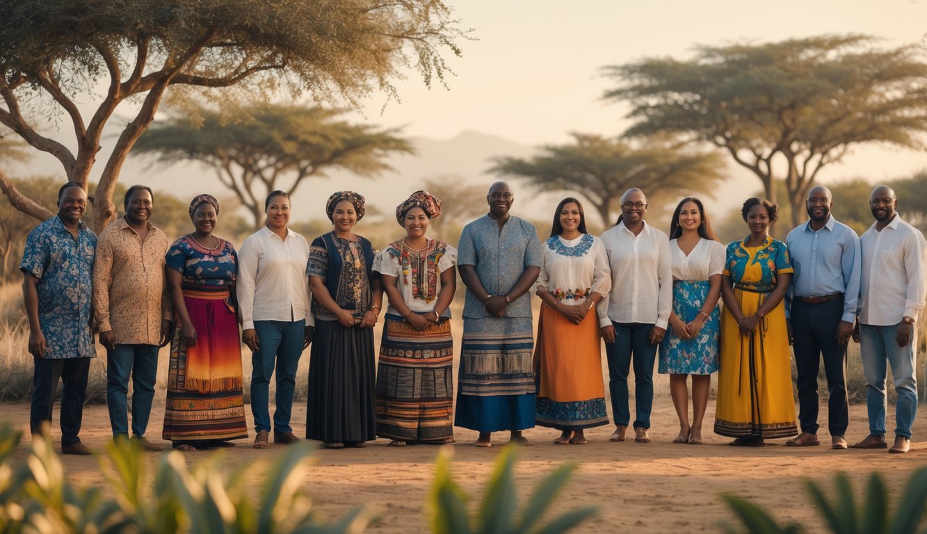 Sekelompok orang beragam usia dan pakaian tradisional dari berbagai suku terbesar di dunia berdiri bersama di luar ruangan dengan latar alam yang menunjukkan pemandangan Afrika dan Amerika Latin.