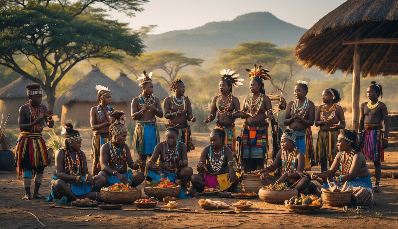 Sekelompok orang dari berbagai suku terbesar di dunia mengenakan pakaian tradisional dan melakukan aktivitas sehari-hari di lingkungan alami.