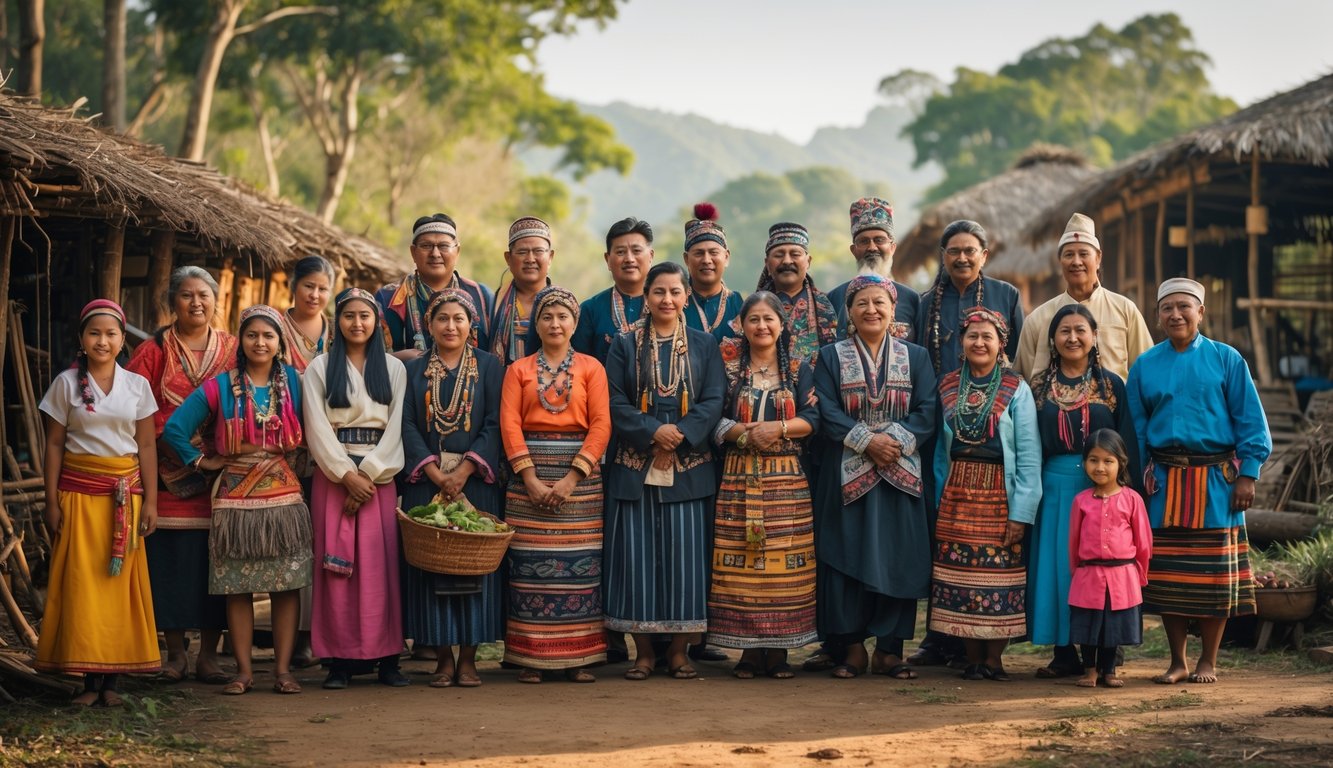 Sekelompok orang dari berbagai suku bangsa dengan pakaian tradisional sedang berkumpul di luar ruangan, menunjukkan keragaman budaya dan gaya hidup mereka.