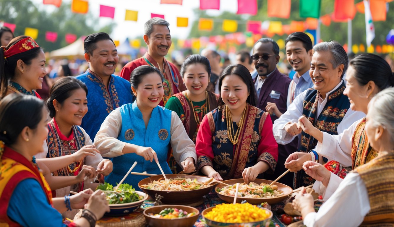 Sekelompok orang dari berbagai suku terbesar di dunia sedang berkumpul dan beraktivitas dalam festival budaya di luar ruangan.